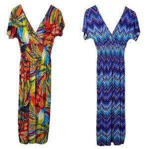 FC Colorful Tropical and Chevron Blue Purple Faux Wrap Smocked Maxi Dress M/L.